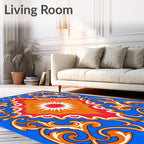 Vibrant Red Sunburst Scrollwork Inlay Rug