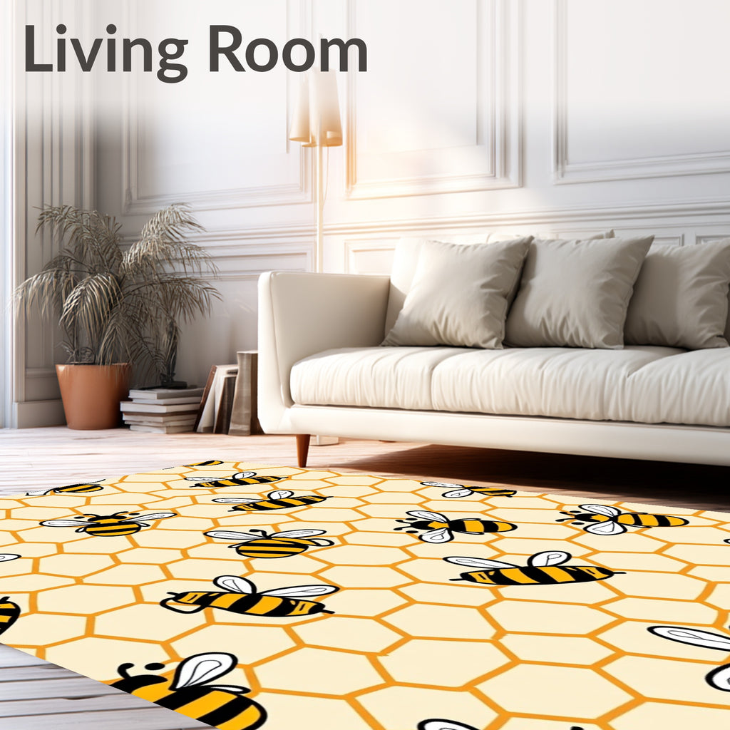 Whimsical Yellow Striped Bees Honeycomb Rug