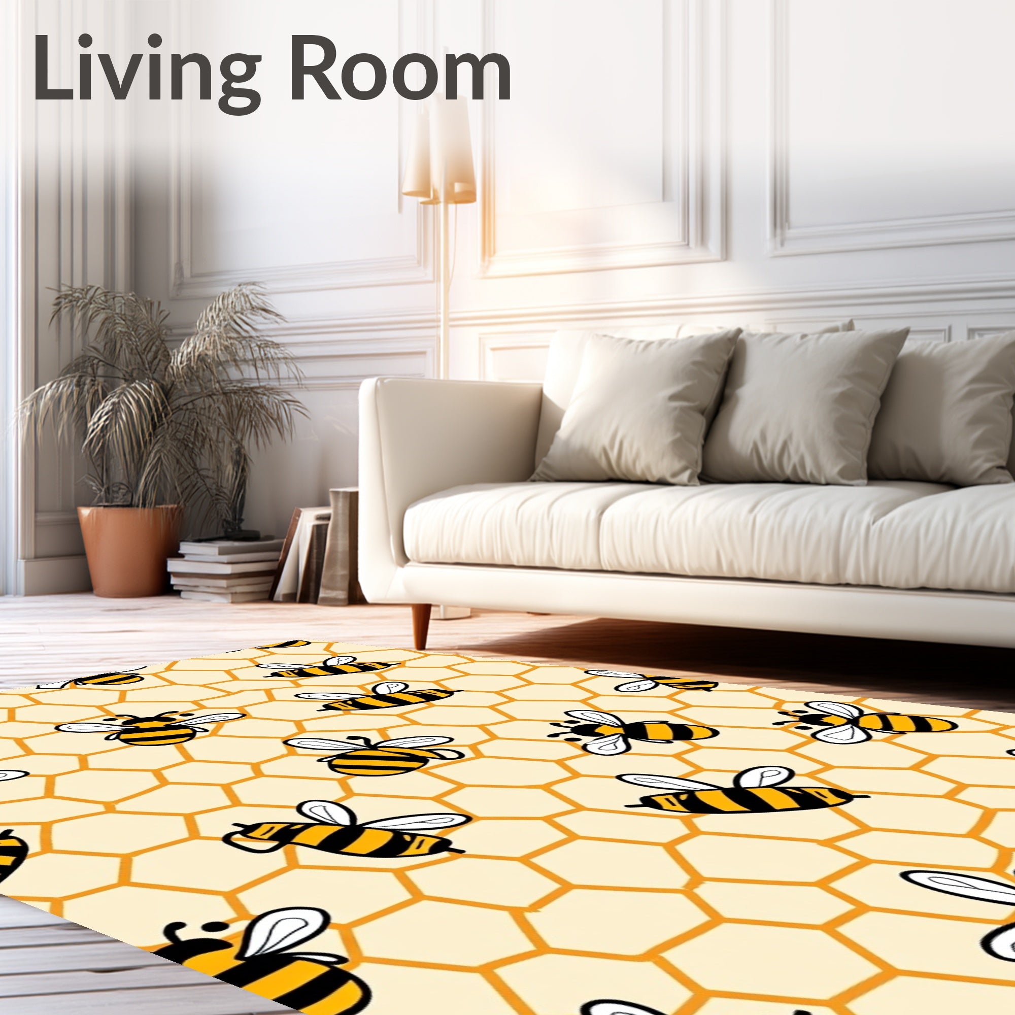 Whimsical Yellow Striped Bees Honeycomb Rug
