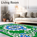 Emerald Green Blue White Medallion Garden Rug