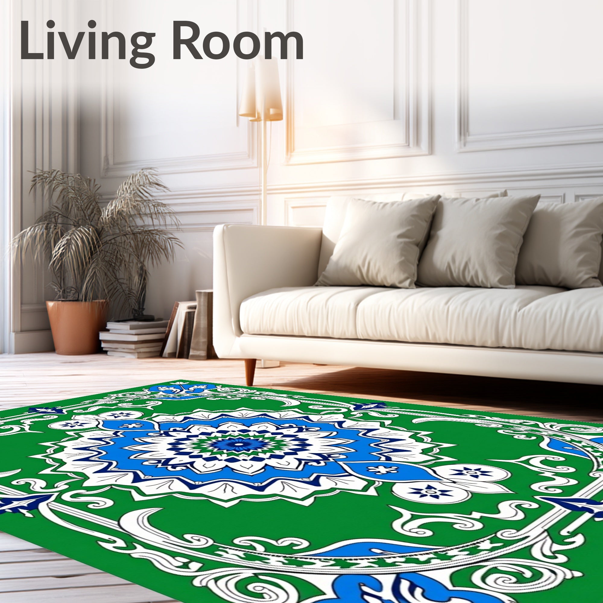 Emerald Green Blue White Medallion Garden Rug