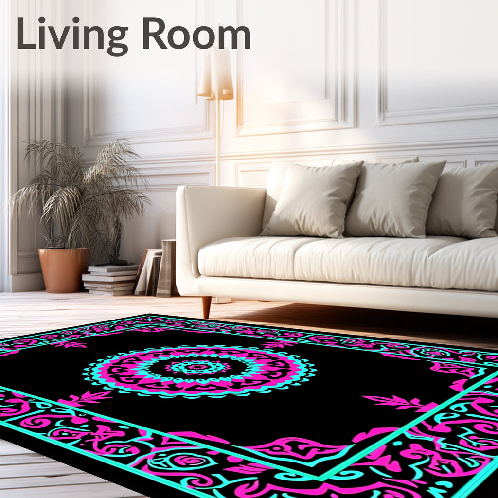 Vibrant Pink Cyan Mandala Border Rug
