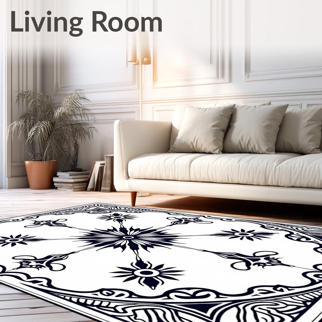 Ornate Black White Starburst Mandala Rug