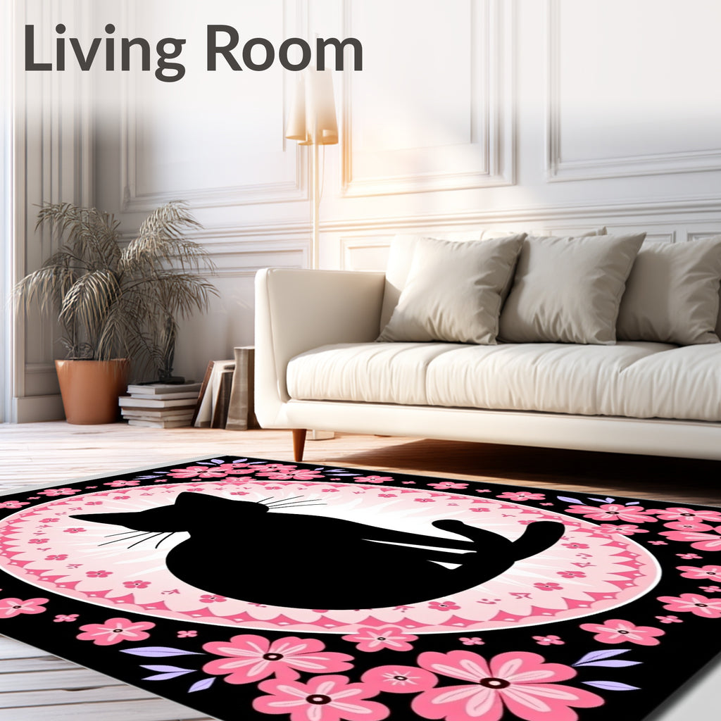 Black Cat Pink Floral Oval Rug