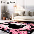 Black Cat Pink Floral Oval Rug