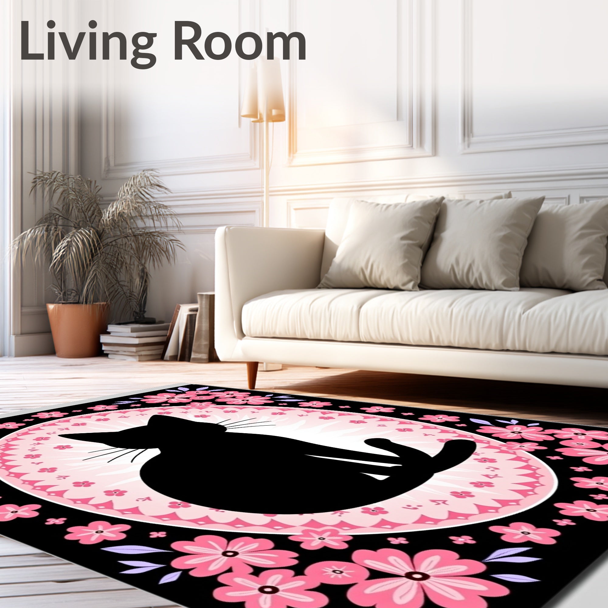 Black Cat Pink Floral Oval Rug