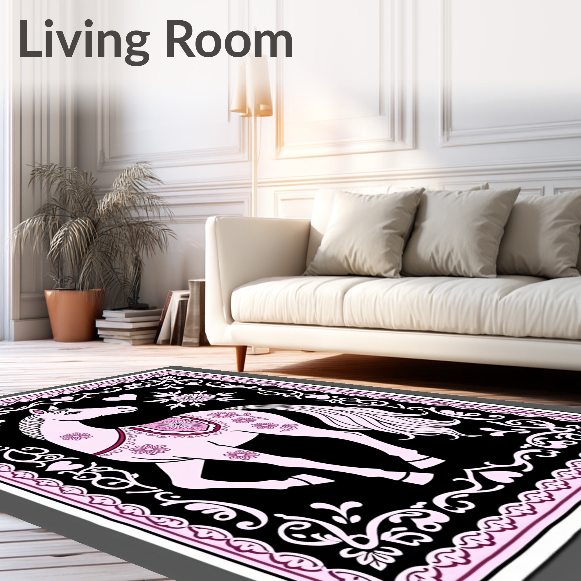 Pink Horse Floral Heart Border Rug