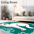 Whimsical White Cat Teal Swirls Rug