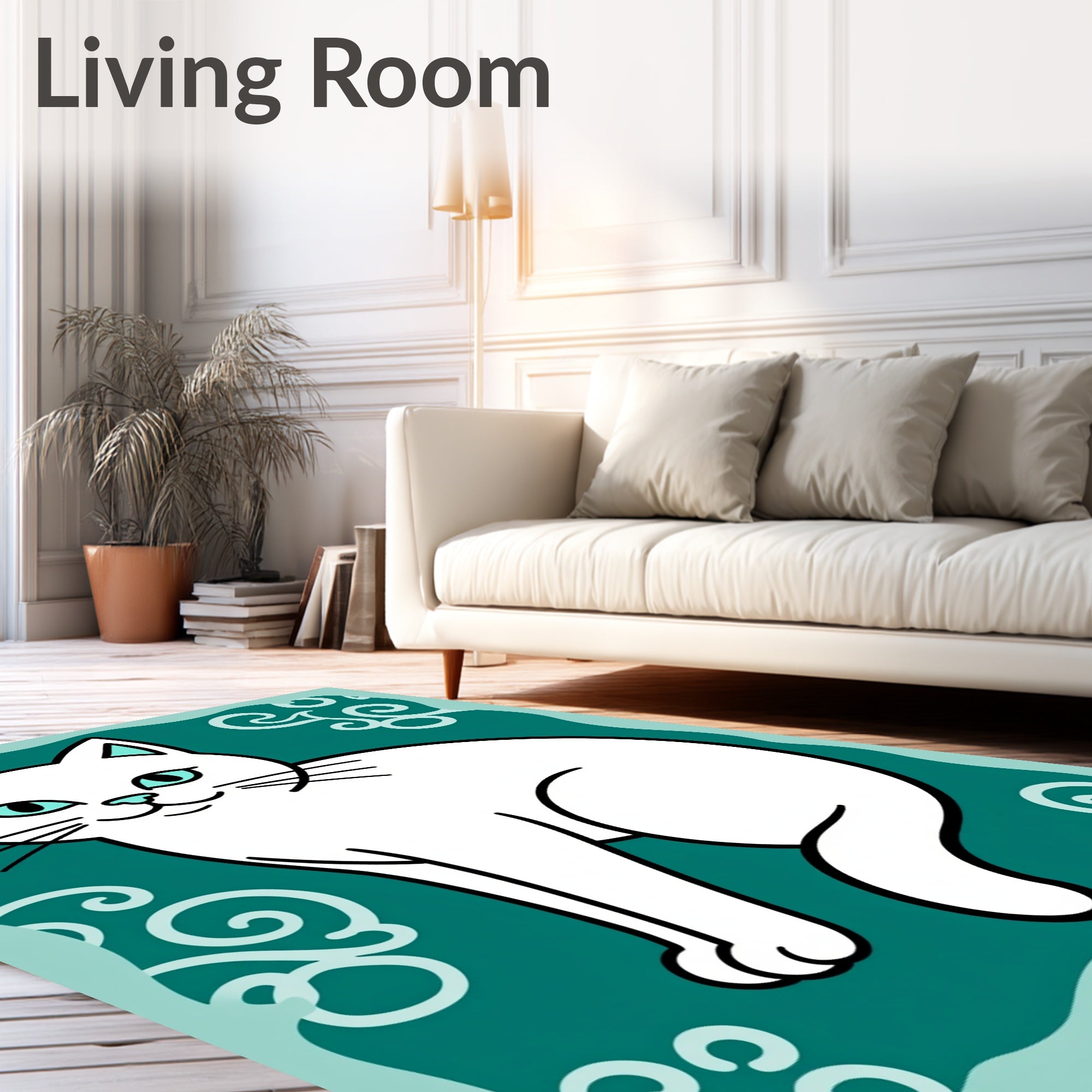 Whimsical White Cat Teal Swirls Rug