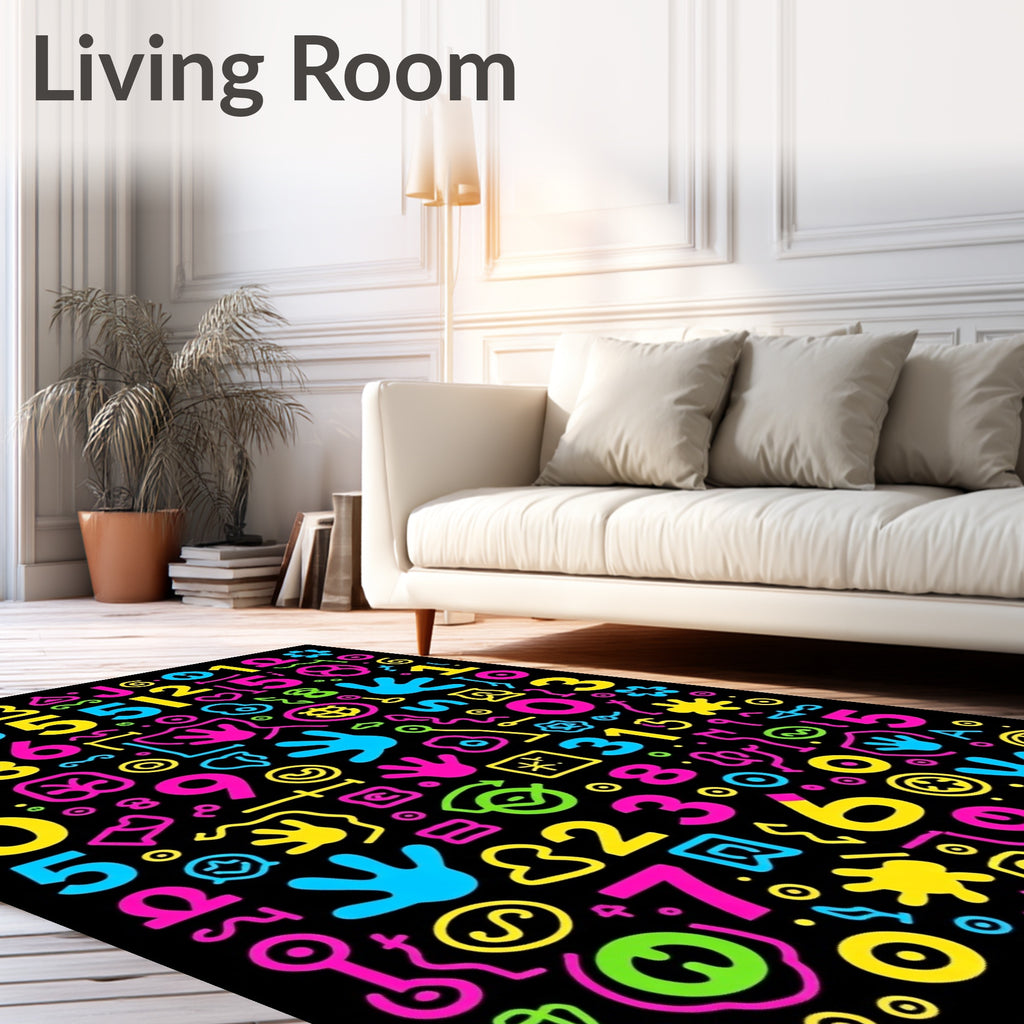 Vibrant Neon Alphabet Numbers Collage Rug