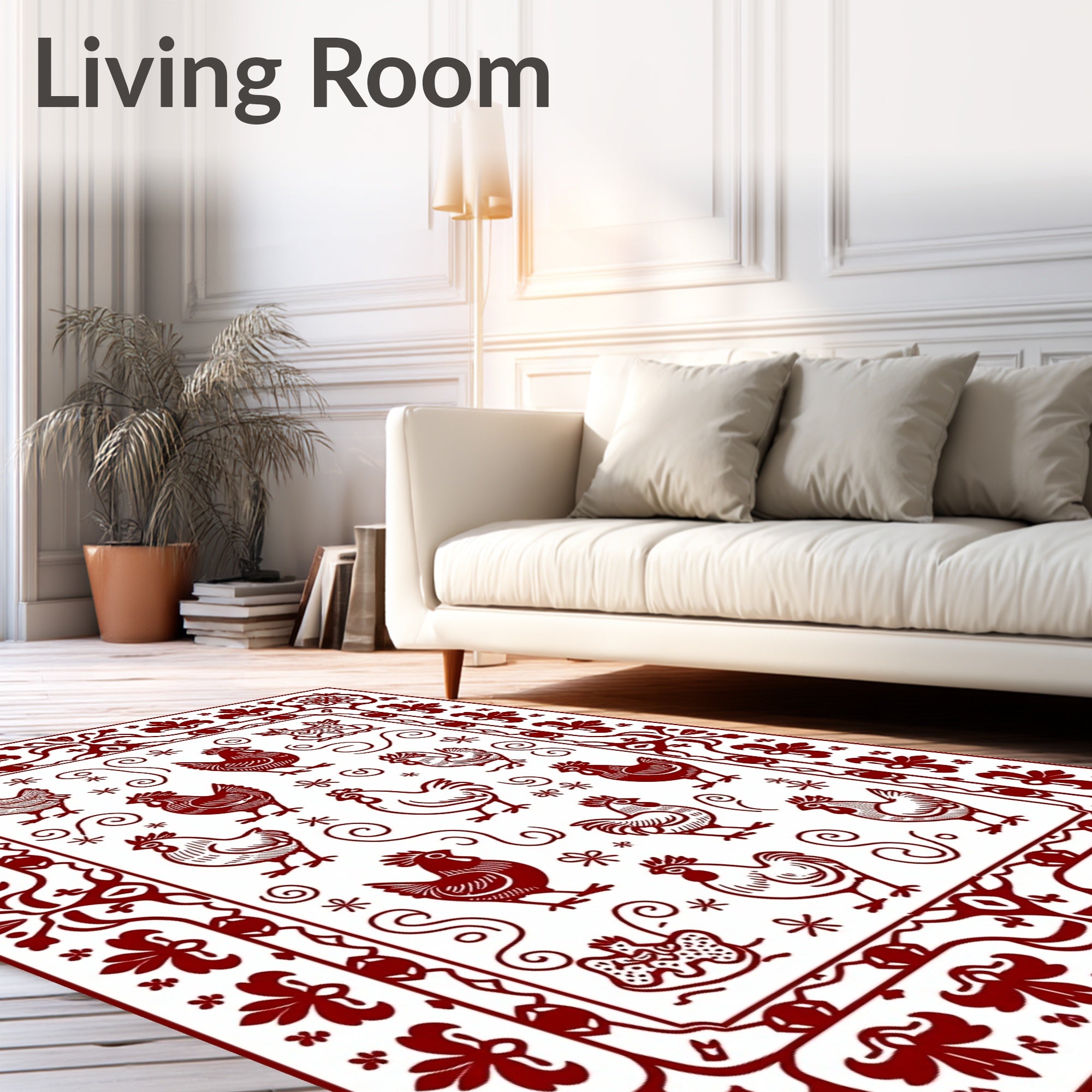 Barnyard Roosters Red Border Rug