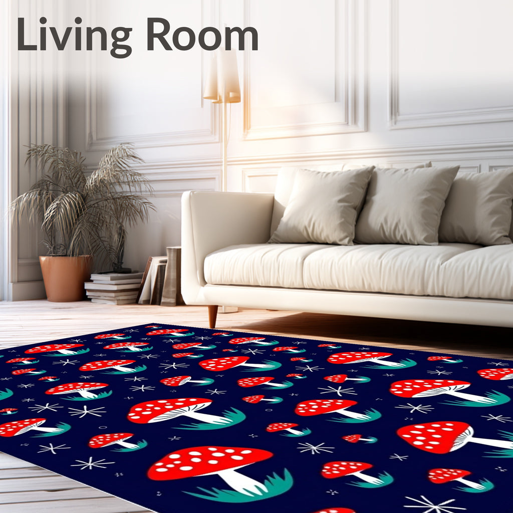 Whimsical Red Mushroom Starry Night Rug