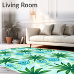 Tropical Green Palm Leaf Teal Swirl Rug