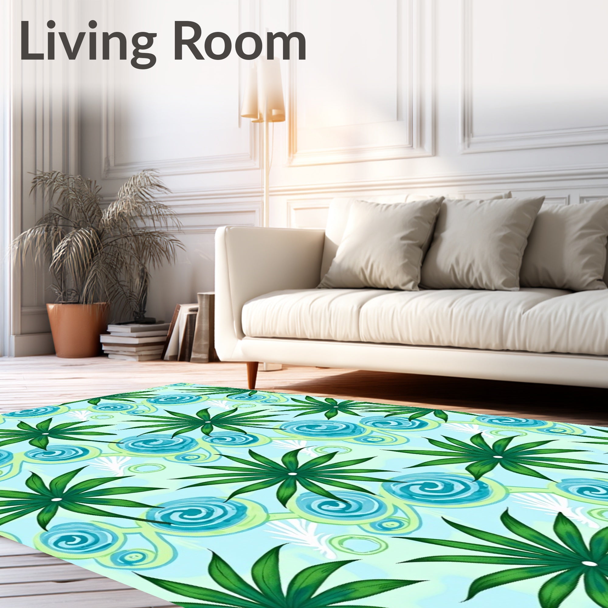 Tropical Green Palm Leaf Teal Swirl Rug