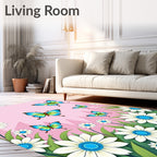 Whimsical Blue Butterfly Garden Scene Rug