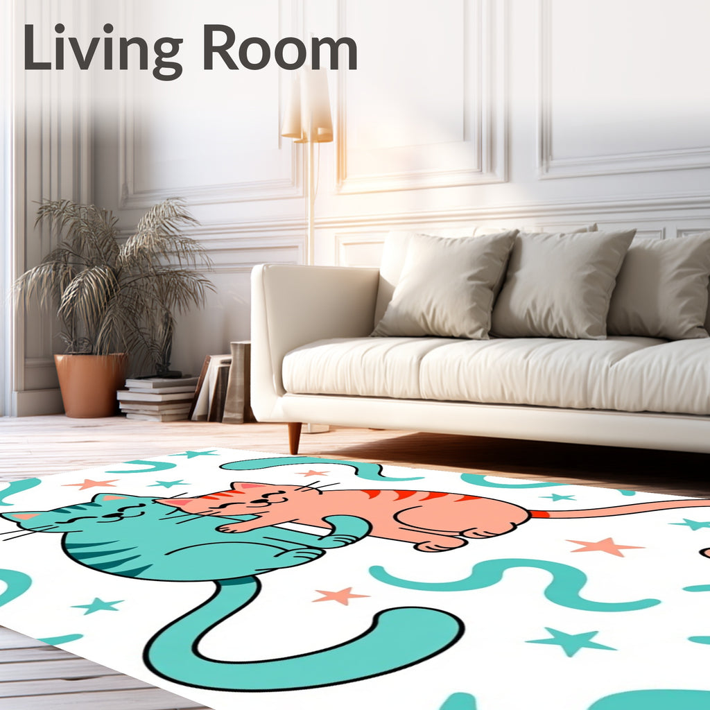 Two Pink Aqua Cats Stars Swirls Rug