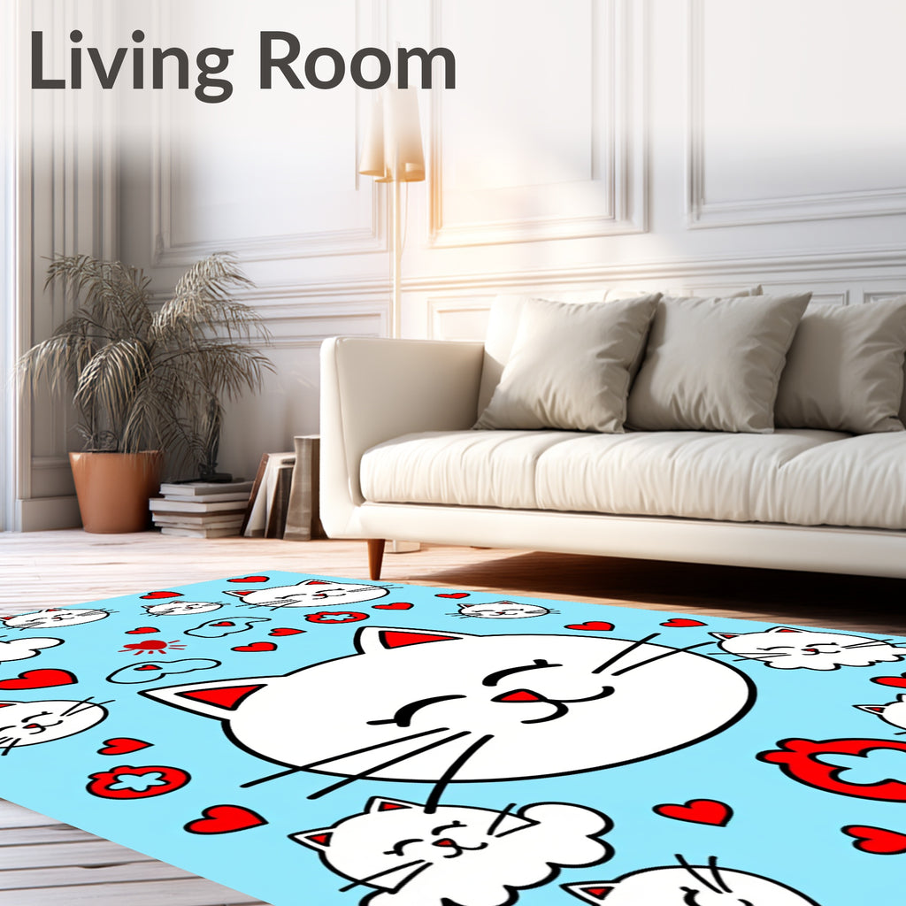 Cute White Cats And Red Hearts Rug