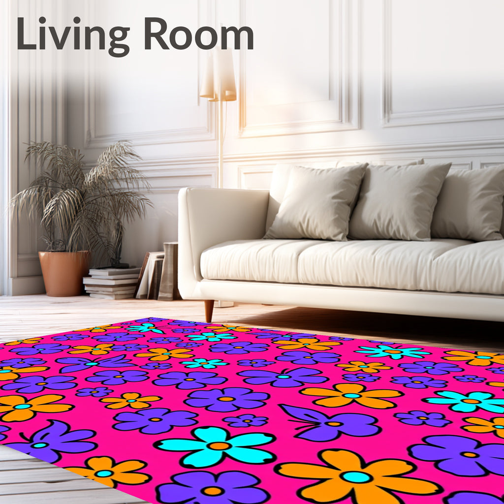 Retro Floral Butterflies Pink Background Rug