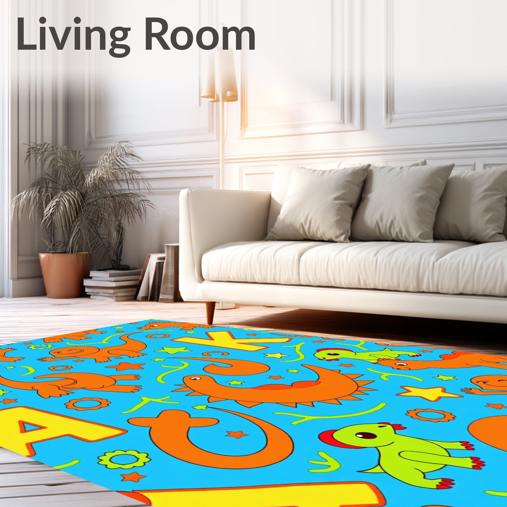 Cute Orange Green Dinosaurs Alphabet Rug