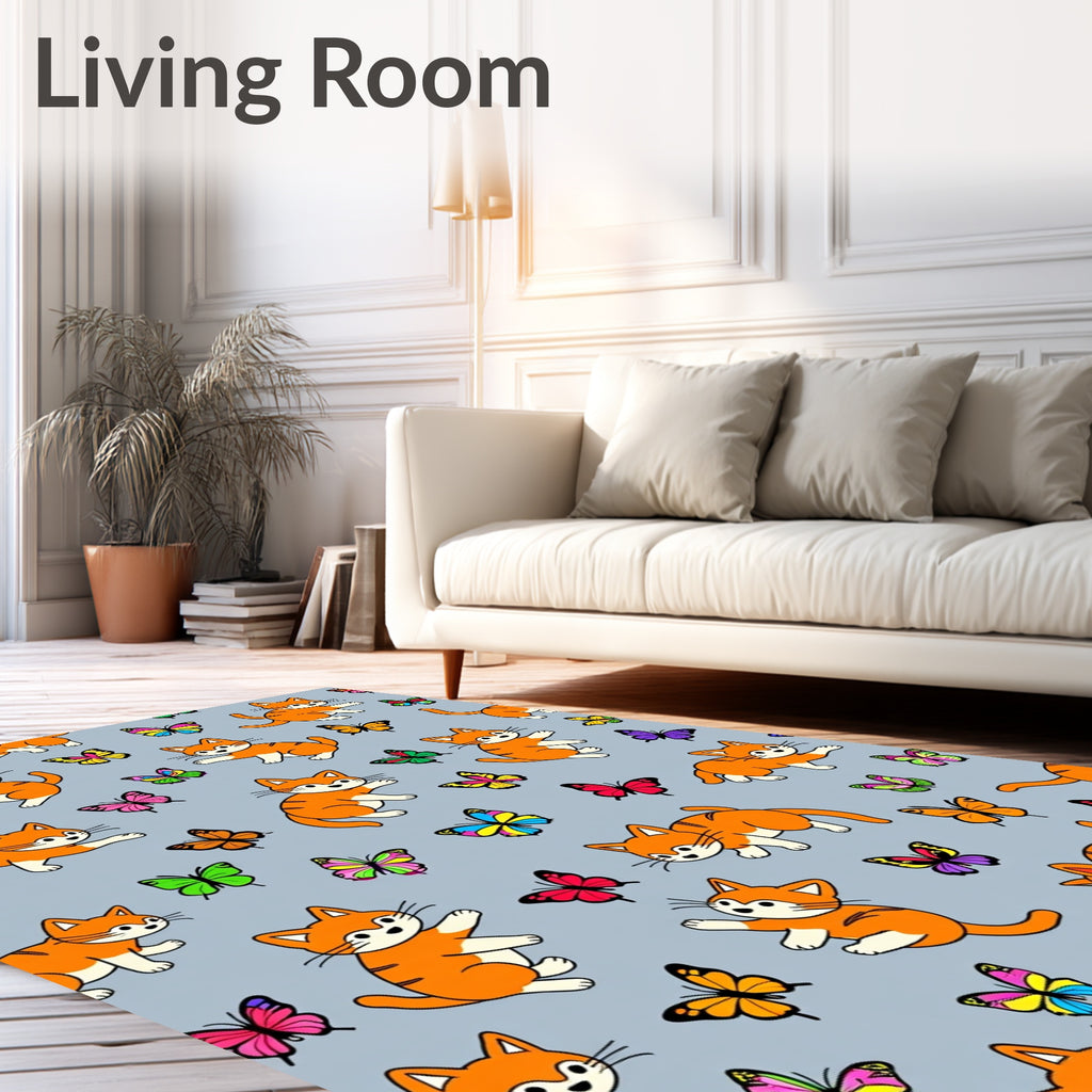 Playful Orange Cats Butterflies Gray Rug