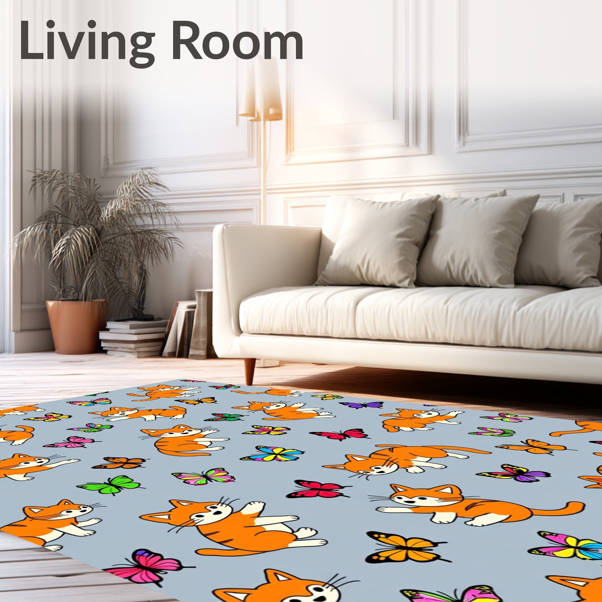 Playful Orange Cats Butterflies Gray Rug