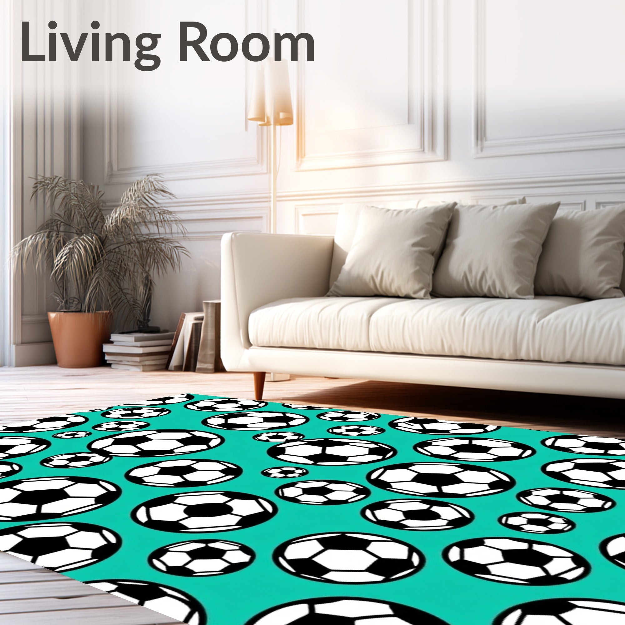Teal Black White Soccer Balls Collage Rug
