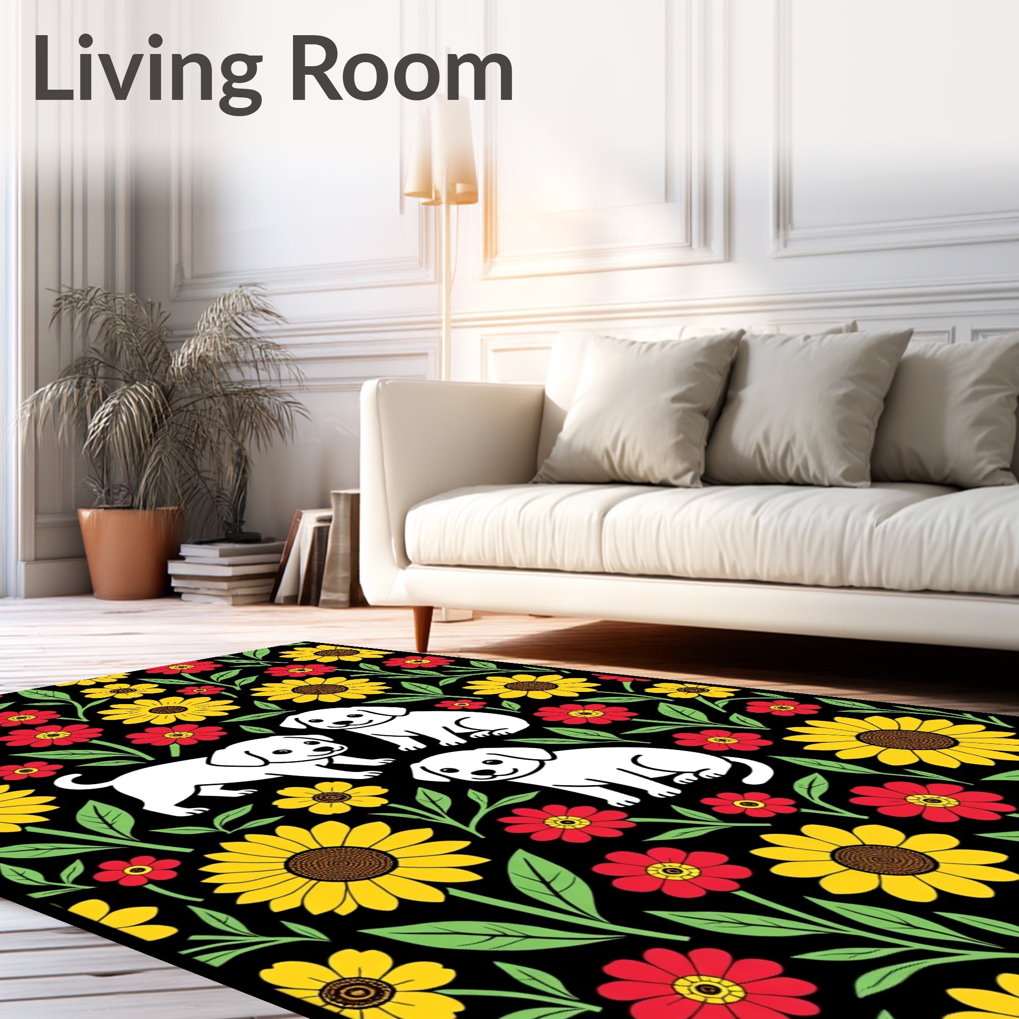 Playful White Puppies Sunflower Garden Rug