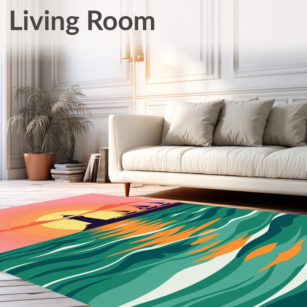 Coastal Sunset Lighthouse Sailboats Rug