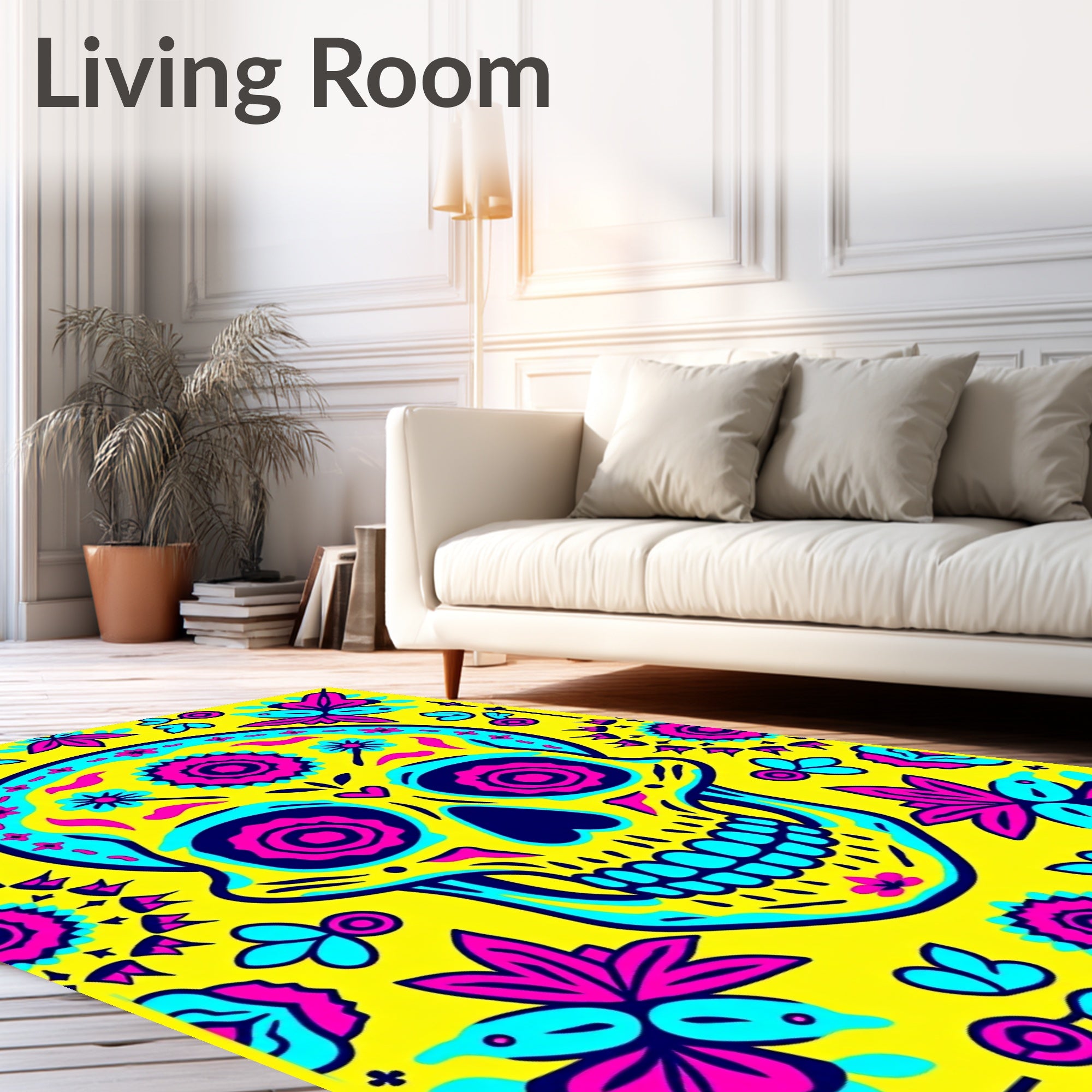 Vibrant Yellow Skull Floral Medallion Rug