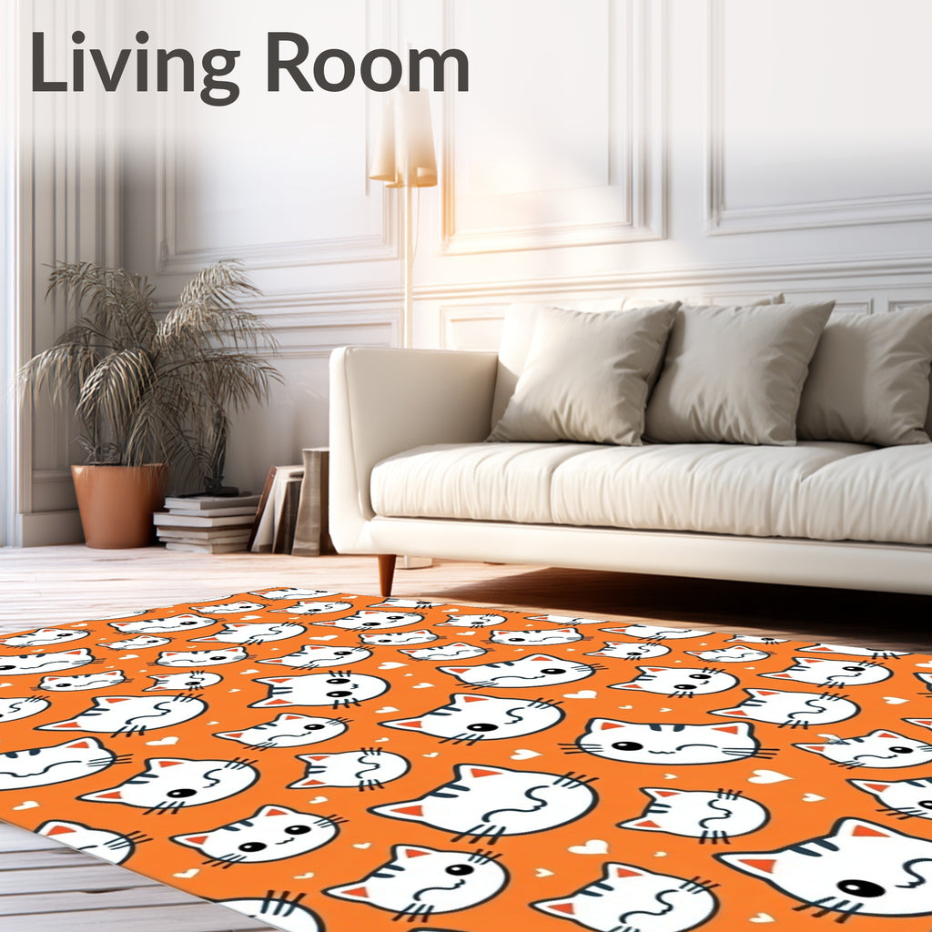 Orange Kawaii Cat Faces Hearts Rug