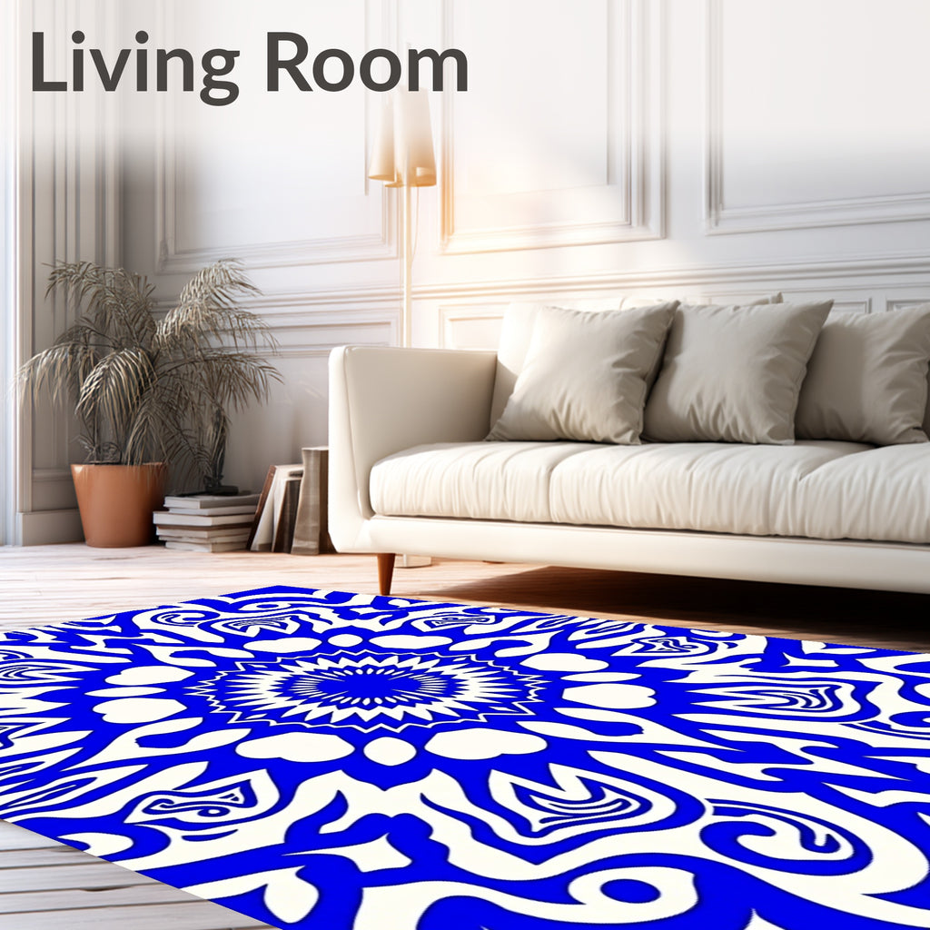 Bold Blue White Radial Mandala Rug