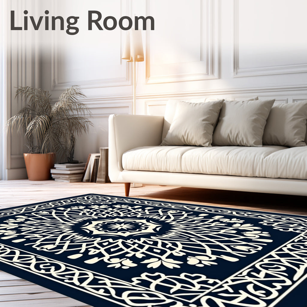 Deep Navy Cream Intricate Mandala Rug
