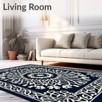 Deep Navy Cream Intricate Mandala Rug