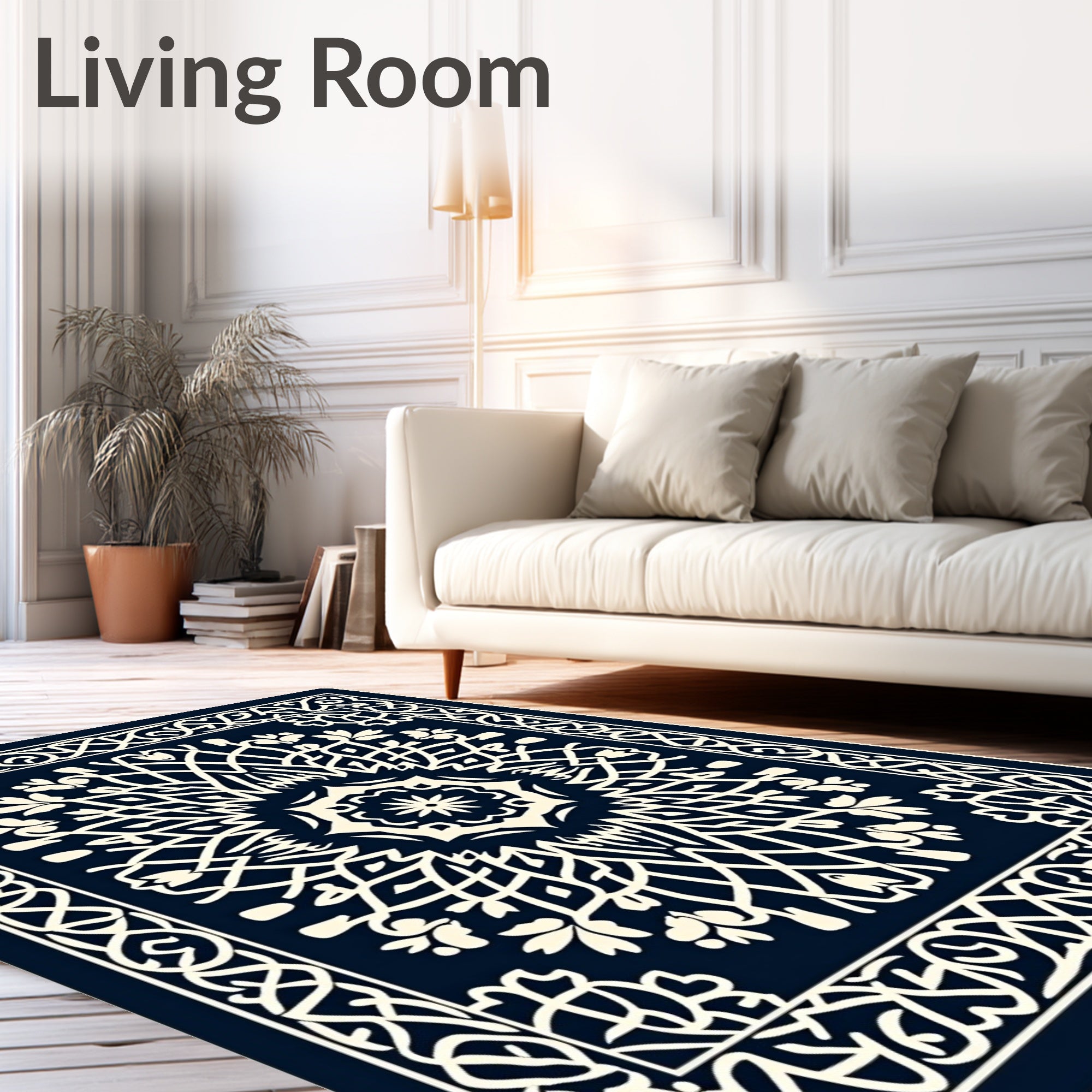 Deep Navy Cream Intricate Mandala Rug