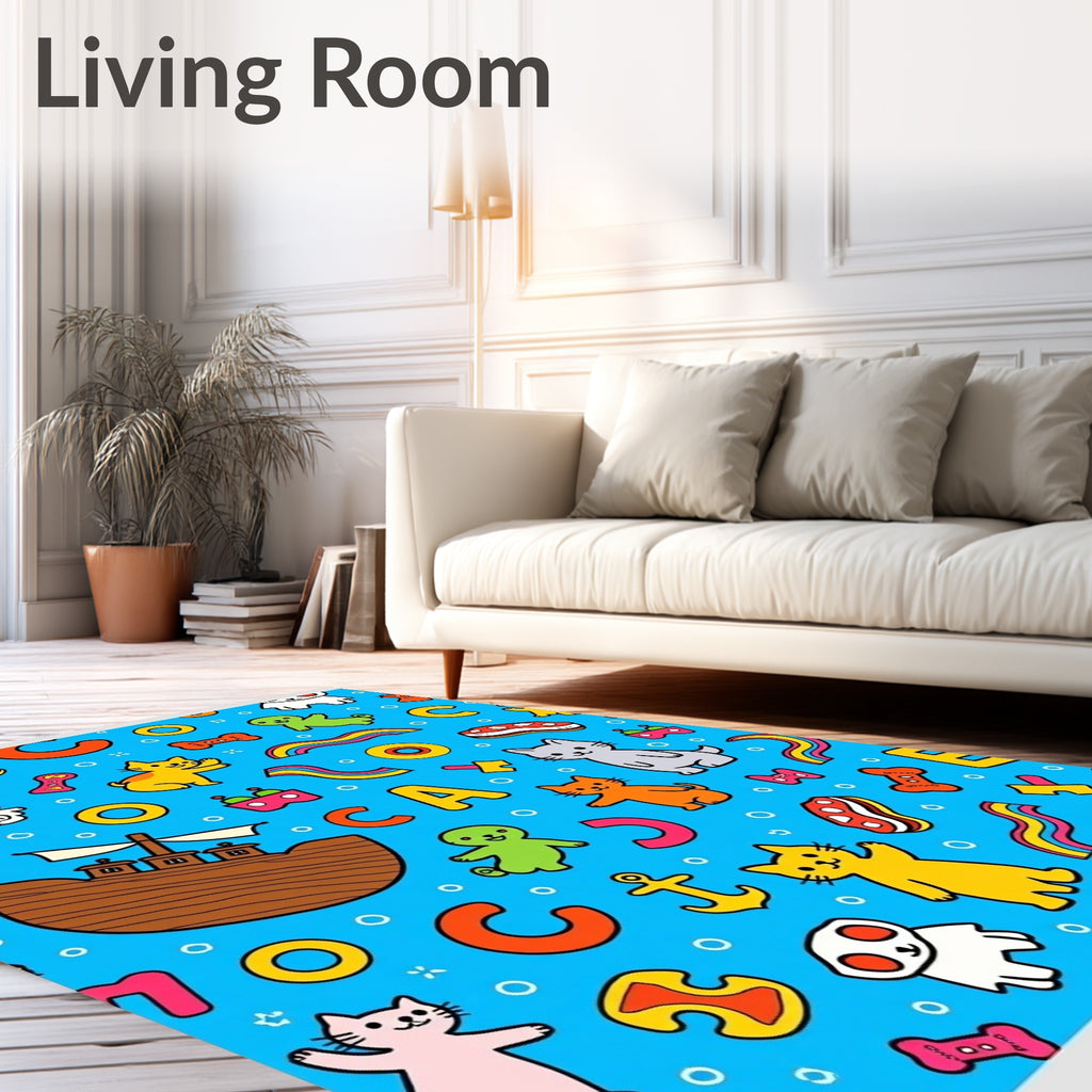 Whimsical Blue Cartoon Animal Collage Rug