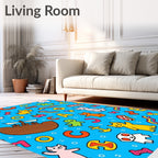 Whimsical Blue Cartoon Animal Collage Rug