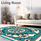 Turquoise Black Cream Mandala Medallion Rug