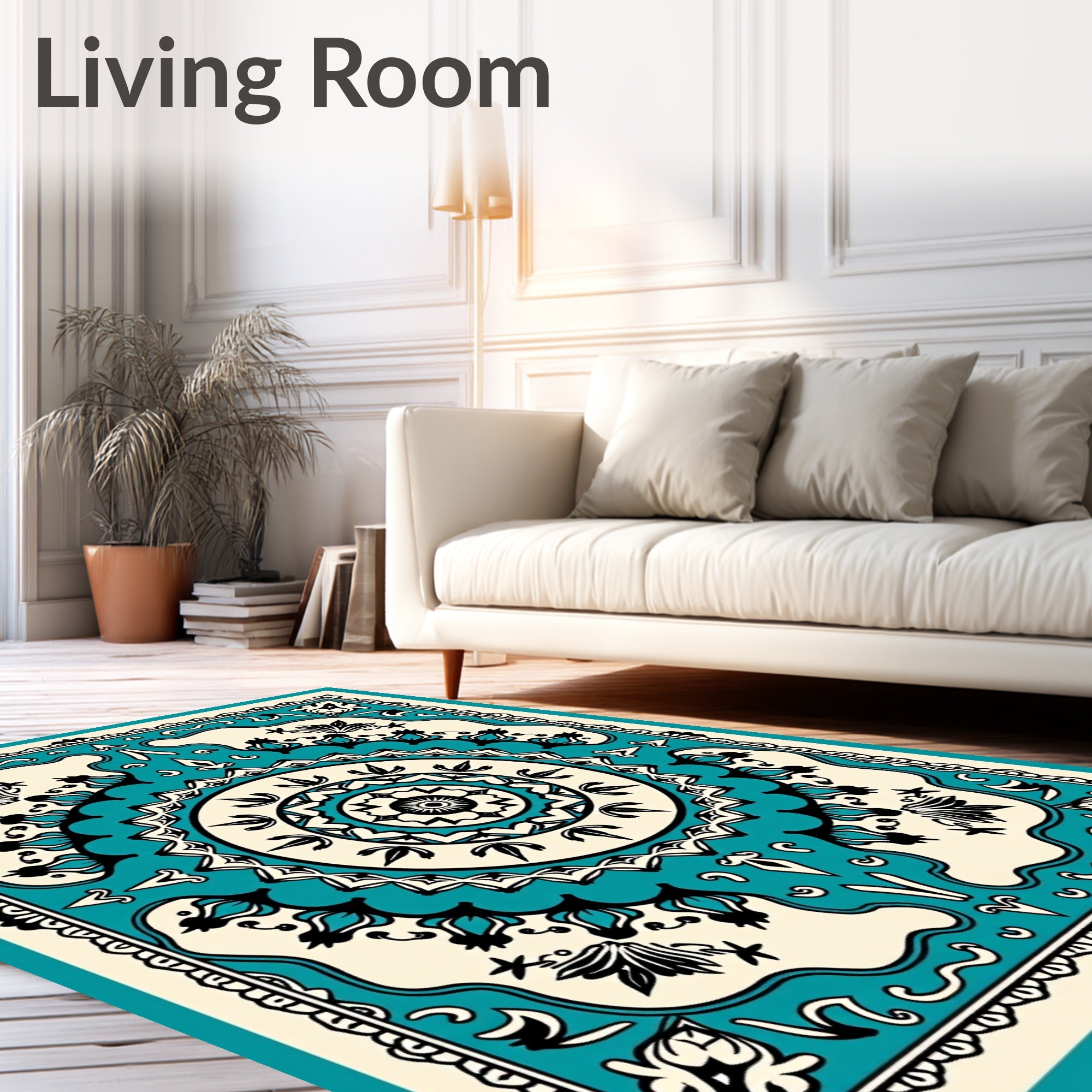 Turquoise Black Cream Mandala Medallion Rug