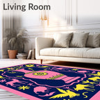 Pink Vase Yellow Birds Deer Border Rug