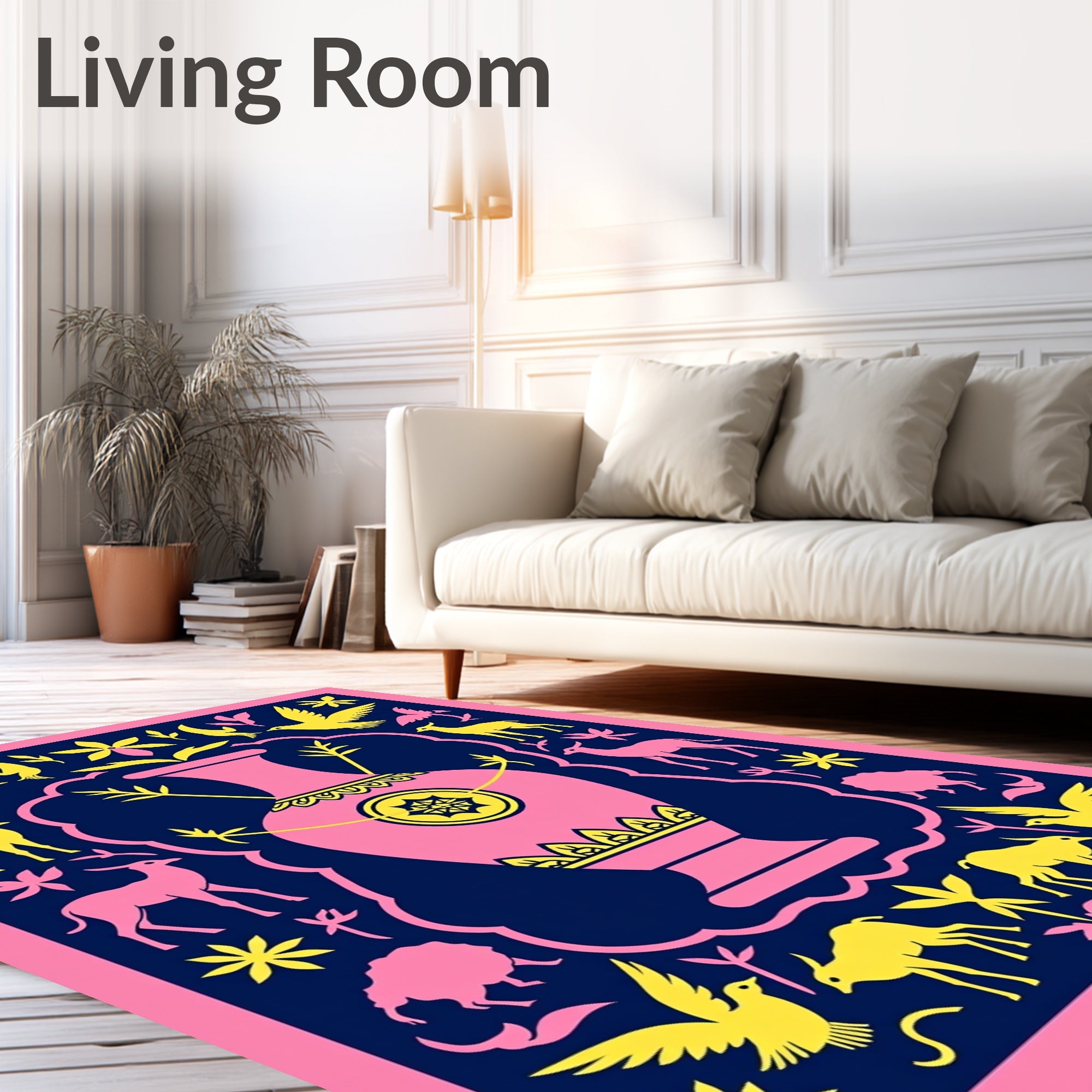 Pink Vase Yellow Birds Deer Border Rug