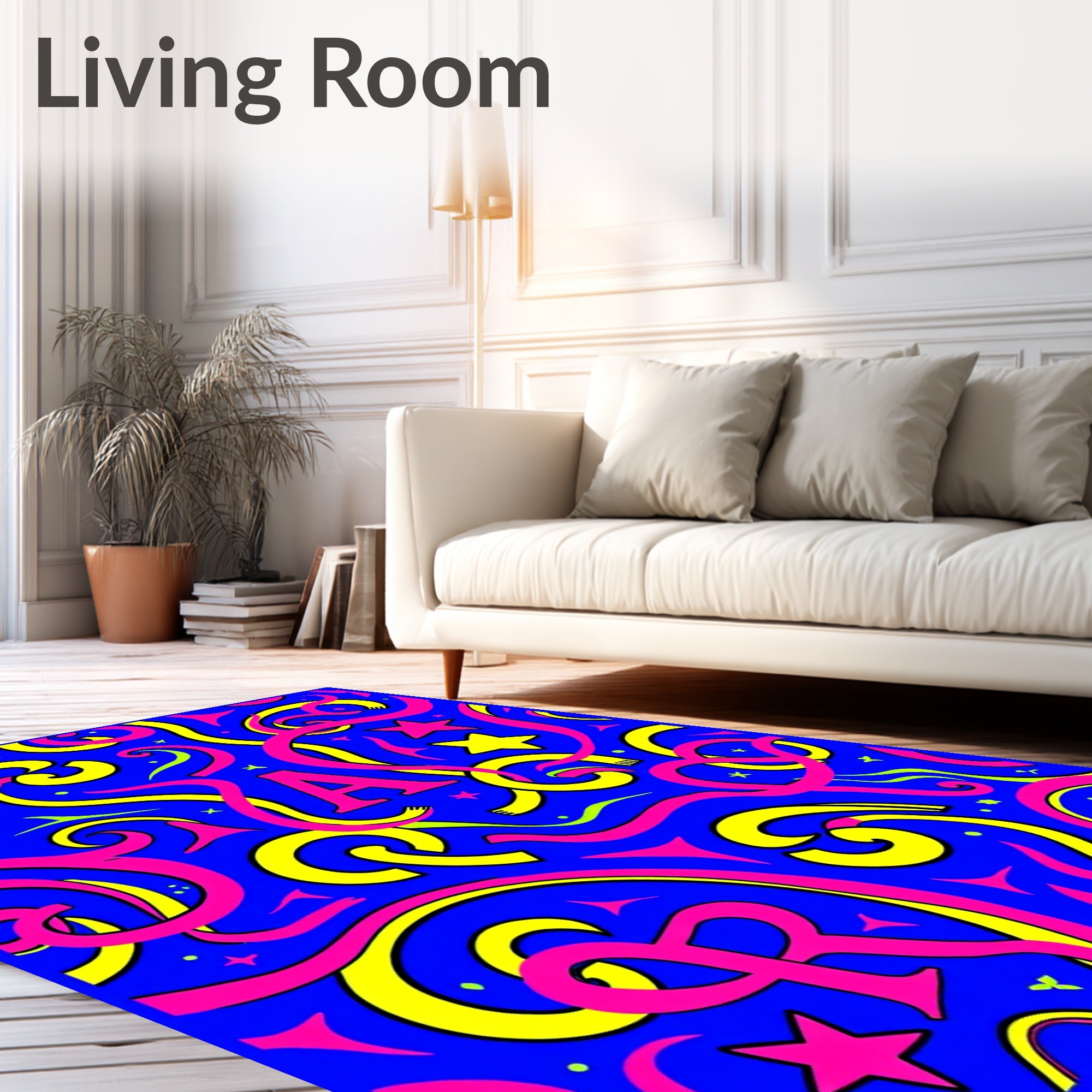 Bold Blue Pink Yellow Star Swirls Rug