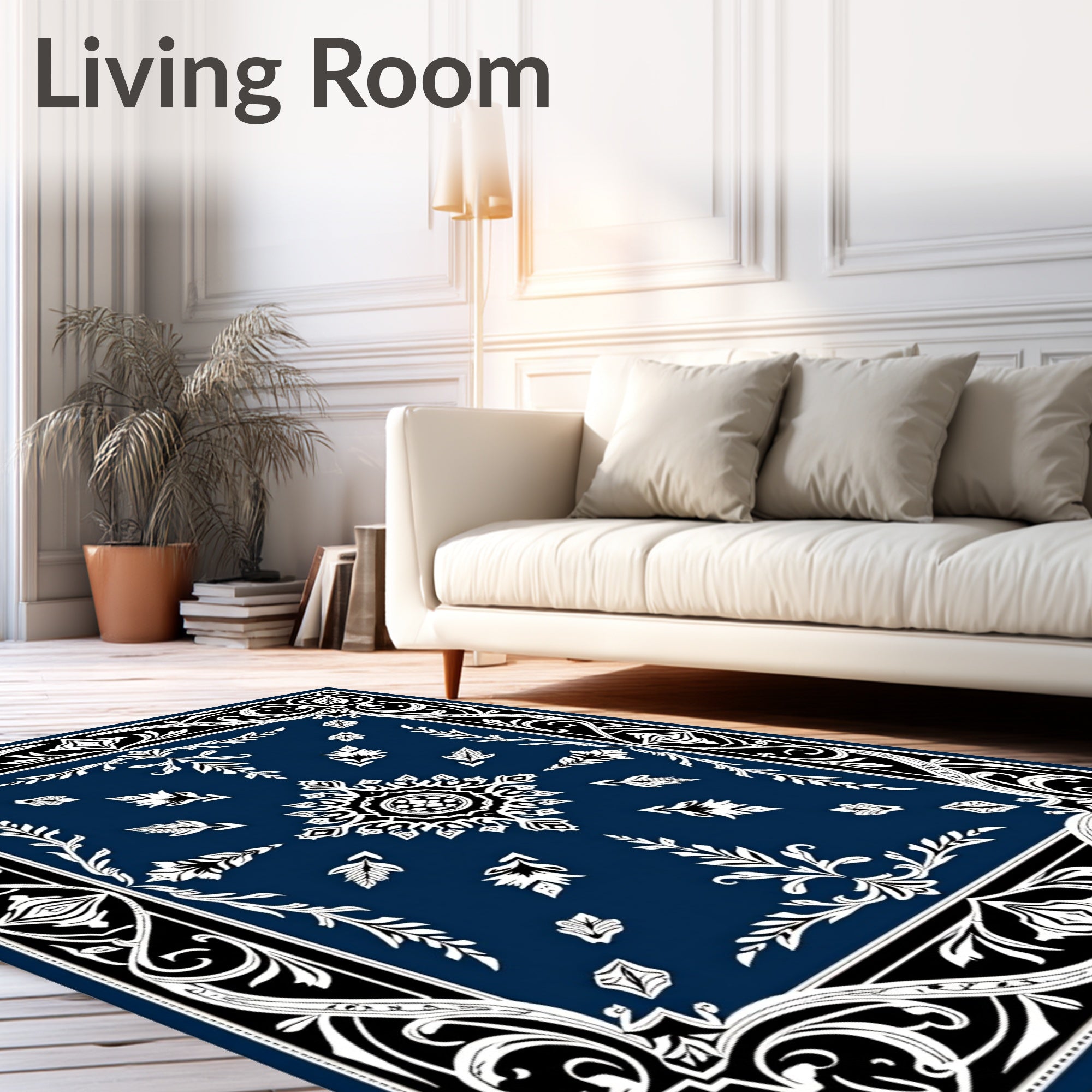 Midnight Blue Ornate Foliage Mandala Rug