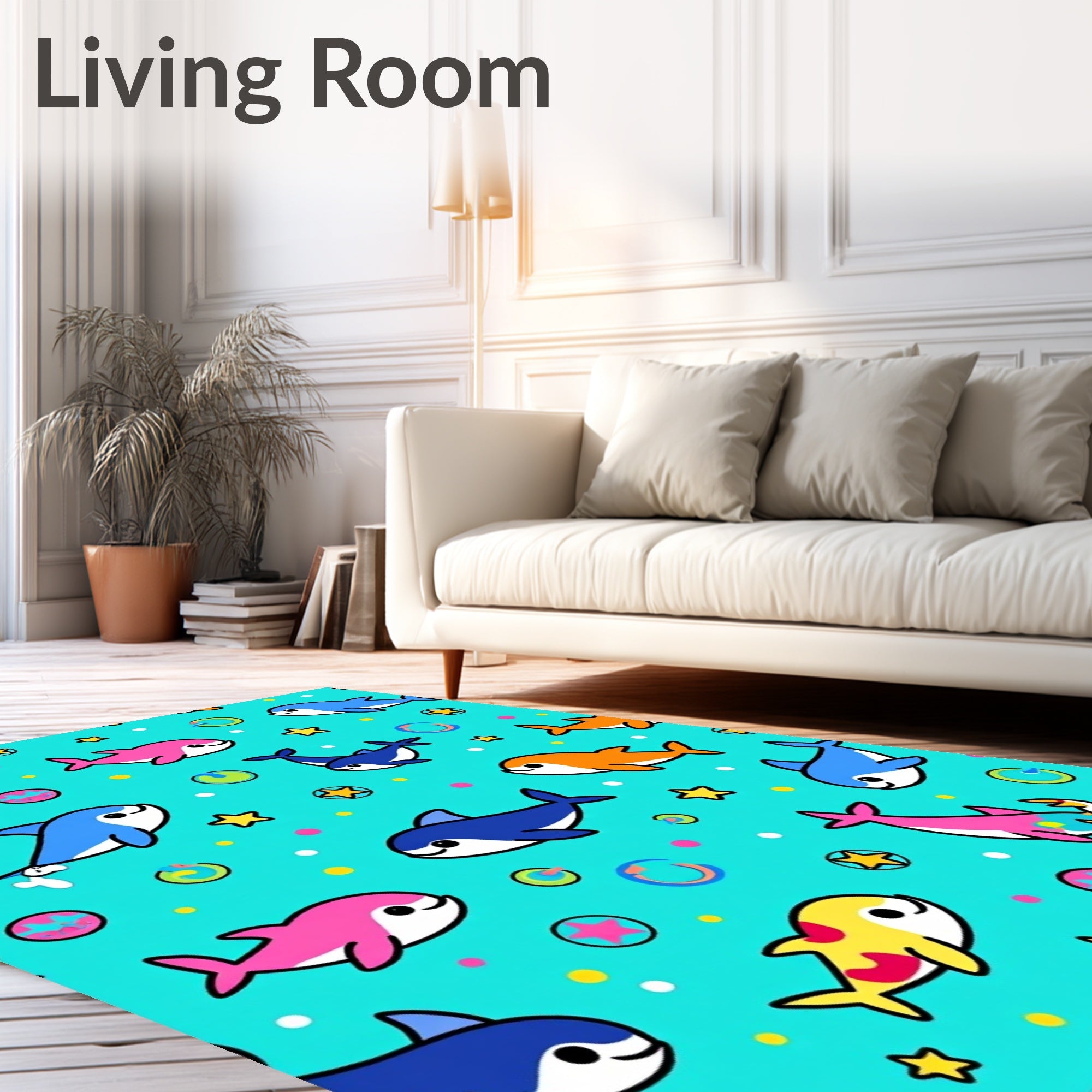 Playful Dolphins Colorful Bubbles Stars Rug