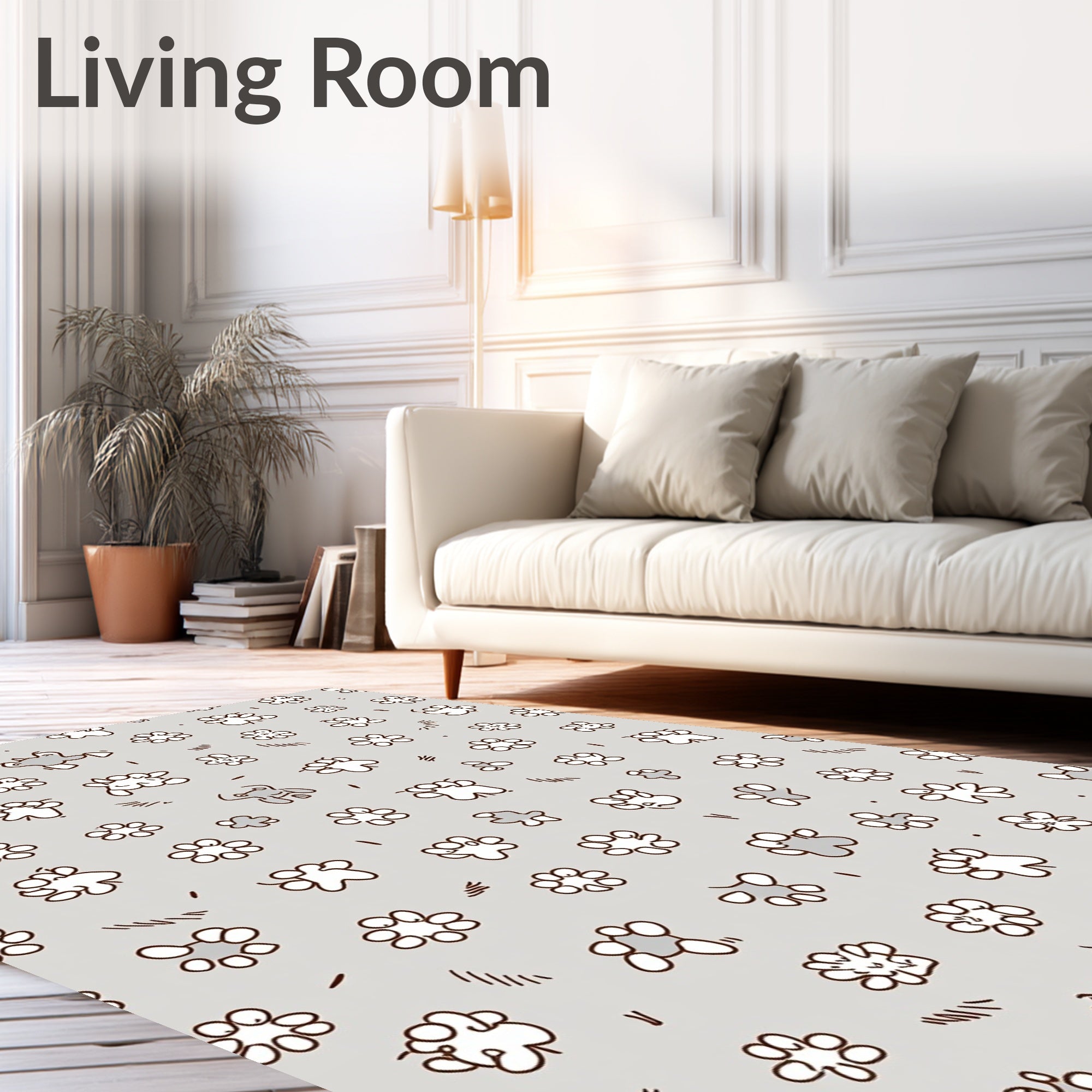Whimsical Gray Paw Print Floral Rug
