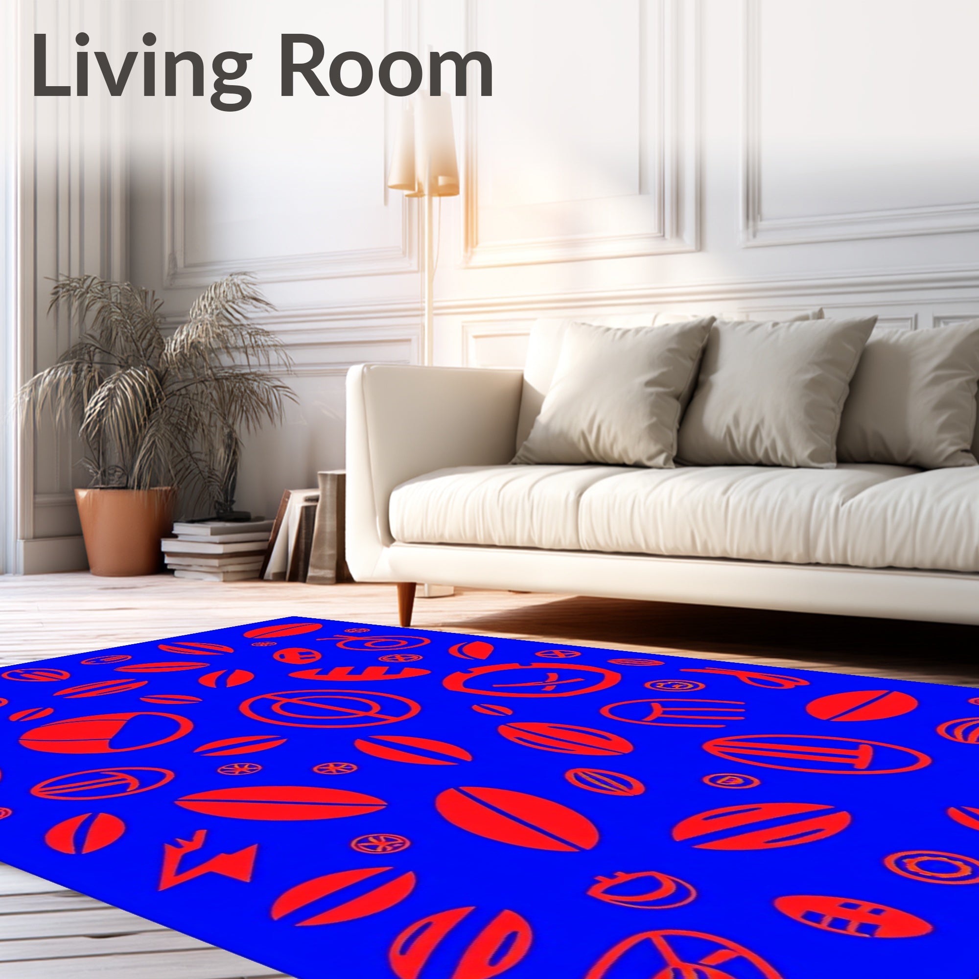 Red Abstract Oval Shapes on Blue Rug