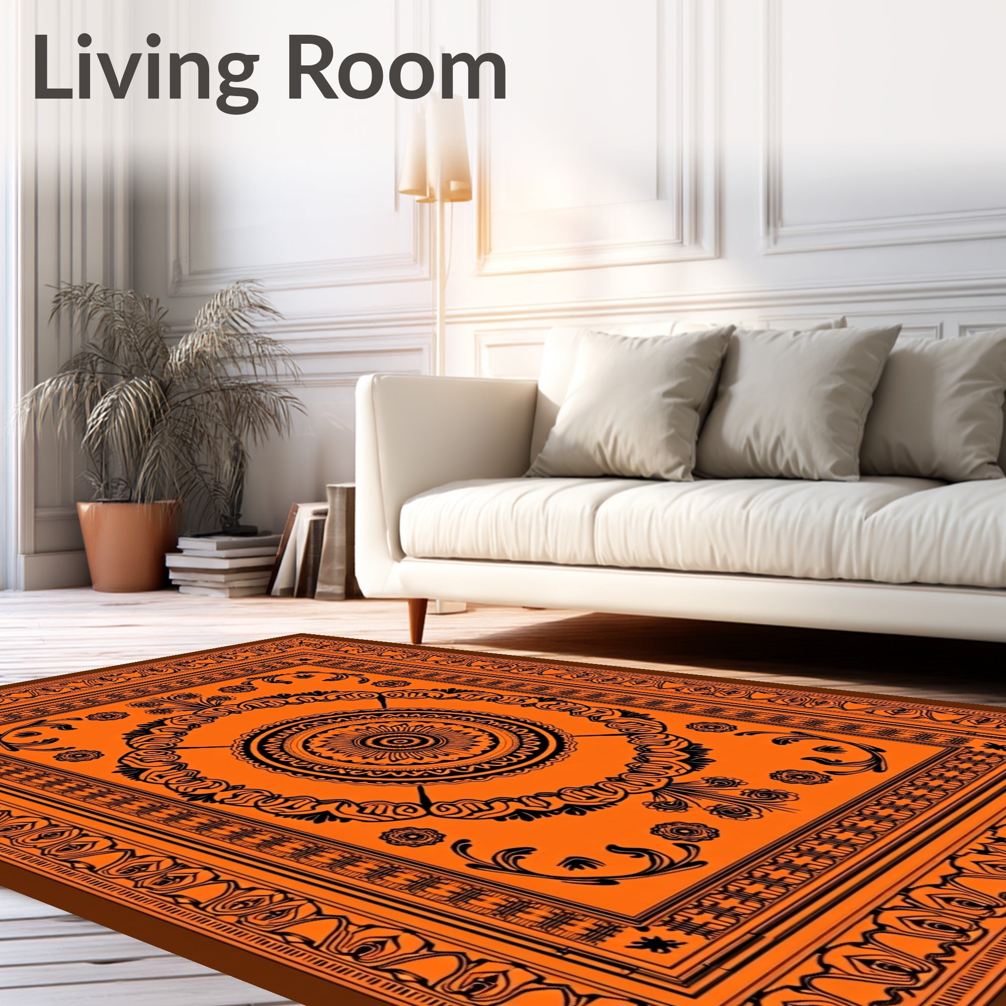 Bold Orange Black Mandala Border Rug