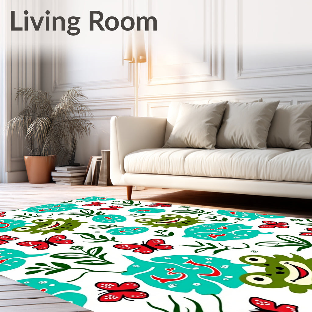 Happy Green Frogs Red Butterflies Pond Rug