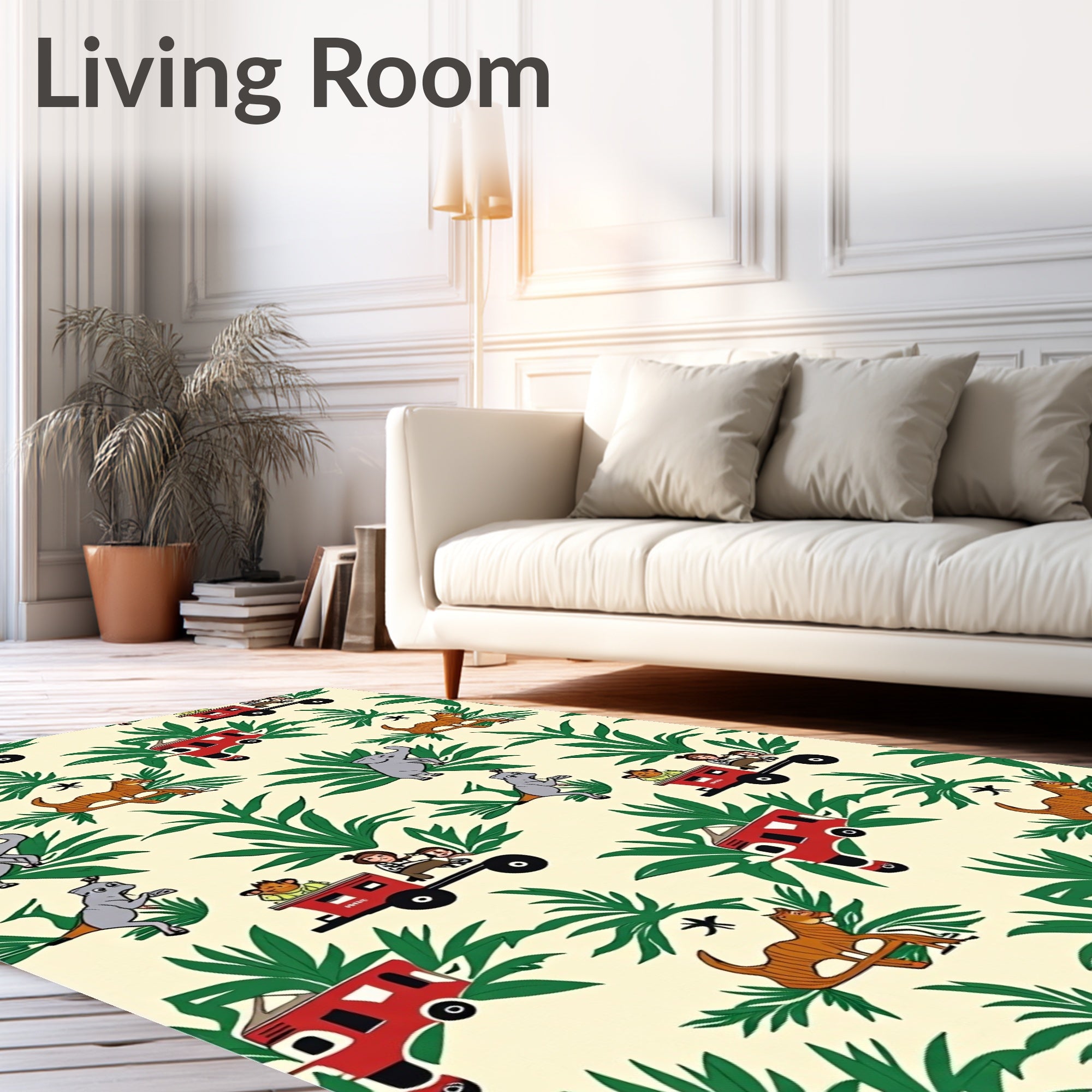 Cartoon Jungle Animals Red Train Tropical Rug