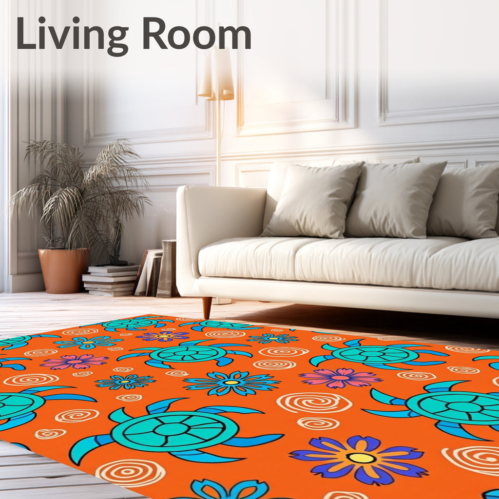 Bright Orange Turtle Flower Medley Rug