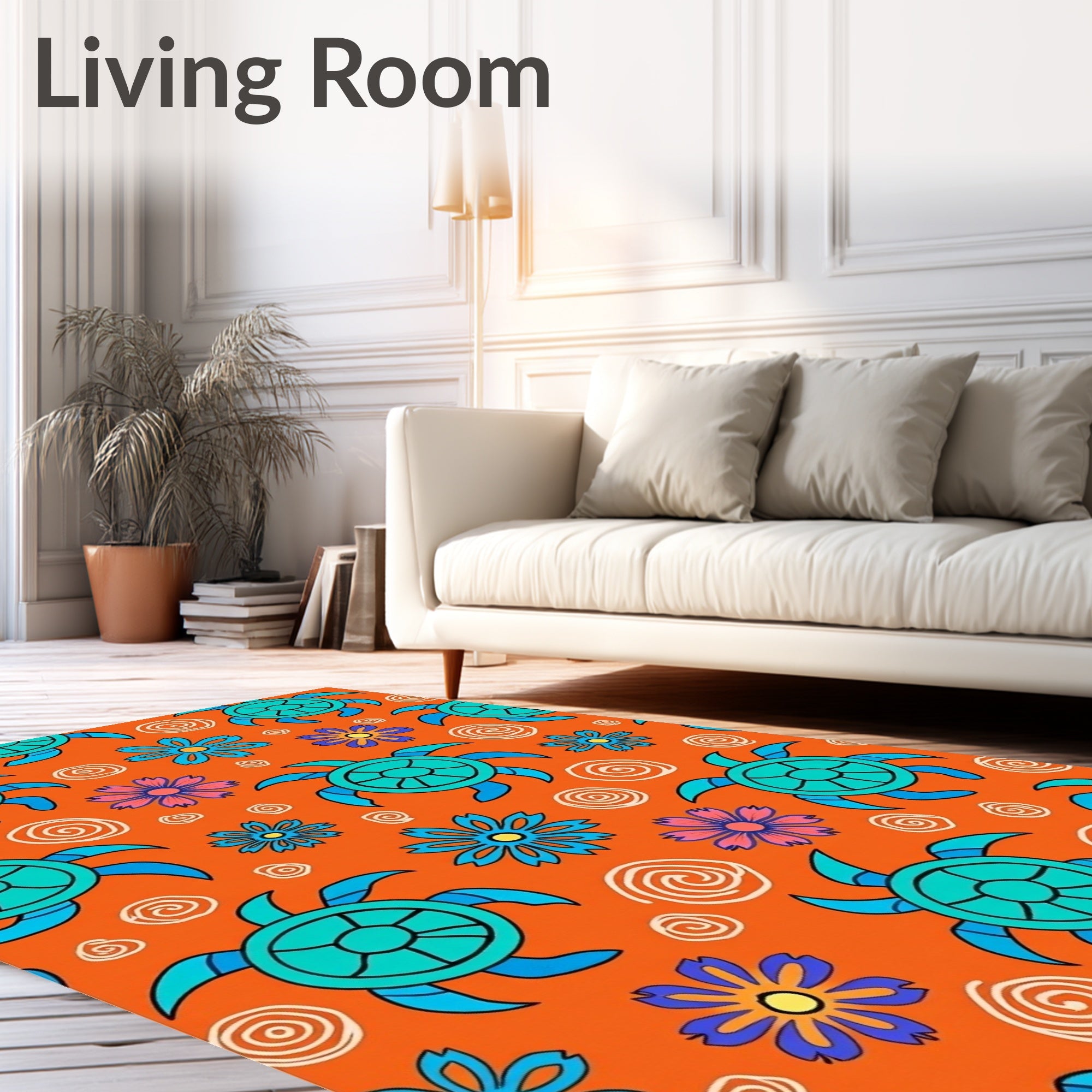 Bright Orange Turtle Flower Medley Rug